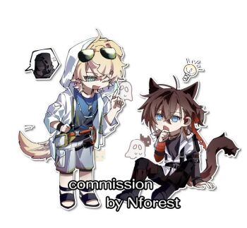 1other 2boys 9427667846 ahoge animal_ears arknights bandaged_arm bandages belt black_boots black_hood black_jacket black_mask black_pants black_sandals black_shorts blonde_hair blue_vest boots brown_hair brown_sleeves cat_boy cat_ears cat_tail chinese_commentary closed_eyes commentary_request commission doctor_(arknights) dog_boy dog_ears dog_tags dog_tail earpiece eyewear_on_head fanny_pack ghost green-tinted_eyewear grey_shorts hair_between_eyes hand_on_own_hip hand_up harness hood hood_up hooded_jacket jacket jewelry light_bulb messy_hair multiple_belts multiple_boys multiple_necklaces necklace on_floor one_eye_closed open_clothes open_jacket open_mouth orange_rope pants pocket ponytail red_bandage red_pants red_ribbon ribbon rope sandals shorts sitting smile speech_bubble stainless_(arknights) standing sunglasses sweatdrop tail tail_wagging tequila_(arknights) thigh_strap three-quarter_sleeves tied_hoodie_strings tinted_eyewear vest white_background white_jacket