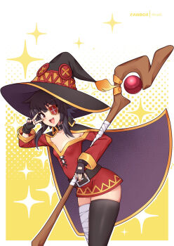 1girl :d asymmetrical_legwear bandaged_leg bandages belt belt_buckle black_belt black_cape black_collar black_gloves black_hair black_hat black_thighhighs breasts buckle cape cleavage collar collarbone commission cowboy_shot dress eyepatch fingerless_gloves gloves hat holding holding_staff kono_subarashii_sekai_ni_shukufuku_wo! large_belt leaning_forward looking_at_viewer mage_staff megumin open_mouth outline red_dress red_eyes short_dress short_hair_with_long_locks skindentation small_breasts smile solo staff standing thighhighs two-tone_background v v_over_eye virus-g white_background white_outline witch_hat yellow_background yellow_trim