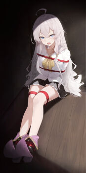 ahoge arms_behind_back blue_eyes boots bound breasts commission elaina_(majo_no_tabitabi) frilled_skirt frills grey_hair high_heel_boots high_heels highres huge_breasts long_hair looking_at_viewer majo_no_tabitabi open_mouth pleated_skirt restrained shibari shibari_over_clothes shirt sitting skirt sukaliya teeth thighs upper_teeth_only very_long_hair white_shirt