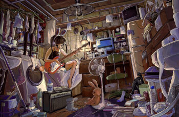 +_+ 1girl absurdly_detailed_composition absurdres amplifier animal_ear_headphones animal_ears barefoot black_hair bowl bra bucket camisole chair chest_of_drawers chopsticks commentary_request computer controller crt desk electric_fan electric_guitar fake_animal_ears fangs frown game_console game_controller glasses guitar hair_dryer headphones highres indoors instrument jitome kadimamibak lamp laundry loaded_interior monitor music original plastic_bottle playing_guitar playing_instrument refrigerator round_eyewear rug shelf shirt single_sock sitting socks solo spoon stuffed_animal stuffed_rabbit stuffed_toy swivel_chair television tile_wall tiles toilet toilet_paper trash_bag trash_can twintails underwear unworn_bra unworn_shirt unworn_socks washing_machine wooden_floor