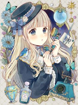 1girl :o animal animal_on_shoulder antique_phone argyle_background bird bird_on_shoulder blonde_hair blue_bow blue_butterfly blue_eyes blue_flower blue_gem blue_hat blue_nails blue_shirt blunt_bangs boater_hat border bottle bow brooch bug butterfly center_frills chinstrap commentary_request corded_phone crescent envelope fingernails flower frilled_shirt_collar frills gem hands_up hanging_lantern hat hat_bow hat_flower highres holding holding_phone insect jewelry key lantern long_hair long_sidelocks long_sleeves looking_at_viewer nail_polish original ornate_border ornate_ring outside_border pen perfume_bottle phone portrait_(object) postage_stamp puffy_long_sleeves puffy_sleeves ring rose rotary_phone shirt sidelocks sky star_(sky) star_(symbol) star_and_crescent starry_sky tententuyu tit_(bird) upper_body wavy_hair white_flower white_rose