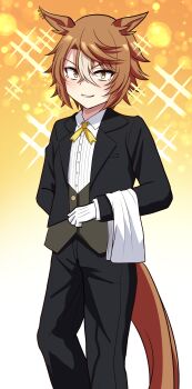 Rule 34 | 1girl, absurdres, animal ears, black jacket, black pants, blush, bow, bowtie, butler, collared shirt, commentary request, dicta striker (umamusume), gloves, grey vest, hair between eyes, highres, horse ears, horse girl, horse tail, jacket, long sleeves, looking at viewer, missan sun, multicolored hair, open clothes, open jacket, pants, parted lips, shirt, short hair, smile, streaked hair, tail, umamusume, umamusume: cinderella gray, vest, white gloves, white hair, white shirt, yellow bow, yellow bowtie, yellow eyes