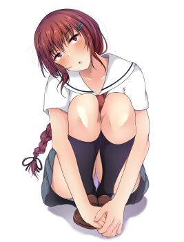 1girl black_ribbon black_socks braid cinderella_series collarbone full_body hachigatsu_no_cinderella_nine hair_between_eyes hair_ornament hair_ribbon hairclip head_tilt highres kurashiki_maiko loafers long_braid long_hair looking_at_viewer necktie no_dickey open_mouth own_hands_clasped own_hands_together panties pantyshot purple_panties red_eyes red_hair red_necktie ribbon sailor_collar satogahama_school_uniform school_uniform shadow shirt shoes short_sleeves simple_background socks solo squatting summer_uniform underwear white_background white_sailor_collar white_shirt winter_(winterinkoakuma)