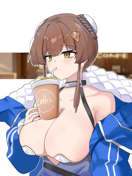 1girl absurdres bare_shoulders black_choker blue_jacket braid braided_bun breasts brown_hair bubble_tea_challenge bun_cover chaos_zero_nightmare choker cleavage coffee commentary_request cup disposable_coffee_cup disposable_cup double_bun dress drinking gradient_clothes gradient_dress hair_bun highres hiyamastar huge_breasts jacket looking_at_viewer mole mole_under_mouth off_shoulder piercing short_hair_with_long_locks solo strapless upper_body yellow_eyes yuki_(chaos_zero_nightmare)