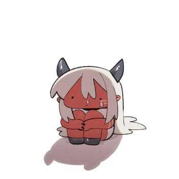 chibi chibi_only cocomayo29_(tomato) colored_skin commentary_request grey_hair horns hugging_own_legs korean_commentary long_hair original red_skin shadow simple_background