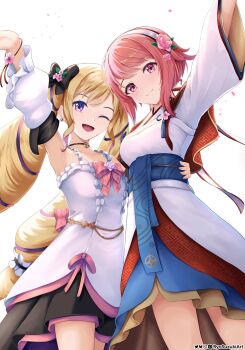 2girls arm_around_another's_waist arm_up armpits bare_shoulders blonde_hair bow choker detached_sleeves dress elise_(fire_emblem) elise_(valentine)_(fire_emblem) fire_emblem fire_emblem_fates fire_emblem_heroes flower hair_bow hairband japanese_clothes kimono looking_at_viewer multicolored_hair multiple_girls nintendo obi official_alternate_costume one_eye_closed pink_eyes pink_hair purple_eyes purple_hair ryosuzuki sakura_(fire_emblem) sakura_(valentine)_(fire_emblem) sash short_hair simple_background twintails two-tone_hair waving white_background wink yukata