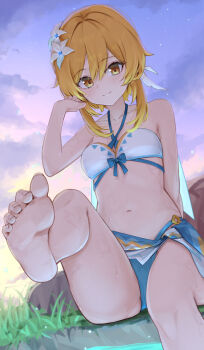Rule 34 | 1girl, barefoot, belly, bikini, blonde hair, blue bikini, cloud, cloudy sky, feet in water, feet out of frame, flower, flower on head, genshin impact, grass, hair ornament, highres, looking at viewer, lumine (genshin impact), lumine (hot springs) (genshin impact), navel, night, onsen, opm7760, pale skin, rock, short hair, sky, smile, soles, swimsuit, thighs, water, white bikini, yellow eyes
