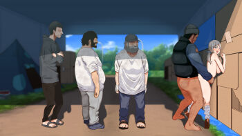 1girl 4boys absurdres against_box amano_don ass barefoot beard bent_over blue_eyes blush bottomless box breast_press breasts clothed_sex clothes_lift day embarrassed facial_hair feet full_body hat height_difference highres homeless large_breasts legs light_brown_hair loose_socks multiple_boys no_eyes no_panties open_mouth original outdoors public_indecency public_use queue saimin_revenge:_ijimerarekko_inkya_debu_ga_ijime_shuhan_gal_bitch_to_akogare_no_seitokaichou_wo_hamemakuru sandals sex shoes skirt skirt_lift sky socks standing tent thighs toes topless_female twintails vaginal