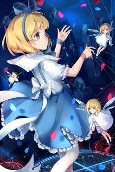 1girl aged_down alice_margatroid alice_margatroid_(pc-98) back_bow black_footwear blonde_hair blue_bow blue_bowtie blue_eyes blue_hairband blue_shorts blue_skirt bow bowtie capelet collared_shirt cowboy_shot dutch_angle fairy_wings frilled_skirt frilled_sleeves frills hair_bow hairband highres jewelry mary_janes miniskirt pantyhose puffy_short_sleeves puffy_sleeves puppet puppet_rings puppet_strings ring shanghai_doll shirt shoes short_hair short_sleeves shorts skirt smile suspender_skirt suspenders touhou touhou_(pc-98) white_bow white_capelet white_pantyhose white_shirt wings wrist_cuffs yorktown_cv-5