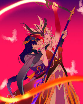 Rule 34 | 2girls, alternate costume, arm up, armpits, blonde hair, blunt bangs, braid, bridal gauntlets, bug, butterfly, clothing cutout, colored skin, commentary, couple, dress, earrings, english commentary, engulfing lightning (genshin impact), eye mask, from side, genshin impact, glowing, gradient background, green eyes, hair ornament, half mask, hand on another's neck, holding, holding polearm, holding weapon, holding whip, insect, japanese clothes, jewelry, kimono, mask, mask over one eye, multicolored skin, multiple girls, off shoulder, polearm, powering up, purple eyes, purple hair, purple kimono, raiden shogun, red background, red dress, red sash, sash, scared, shoulder cutout, signora (crimson witch of embers) (genshin impact), signora (genshin impact), single braid, single earring, steam, tadpoleboba, two-tone skin, upper body, weapon, whip, wide-eyed, yuri