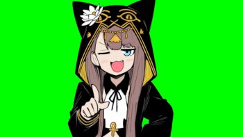 1girl ankh arknights black_jacket black_ribbon blue_eyes blush_stickers brown_hair commentary_request ear_piercing fang flower gold green_background green_screen hair_behind_ear head_chain hood hood_up hooded_jacket jacket jewelry long_hair long_sleeves looking_at_viewer makigirisu neck_ribbon one_eye_closed open_mouth pepe_(arknights) piercing pointing pointing_at_viewer ribbon sidelocks simple_background smile solo upper_body white_flower