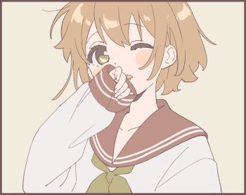 1girl blush_stickers border brown_border brown_hair collarbone commentary_request green_eyes green_neckerchief grey_background hand_up highres long_sleeves looking_at_viewer namori neckerchief no_dickey one_eye_closed open_mouth original portrait red_sailor_collar sailor_collar shirt short_hair simple_background sleeves_past_wrists solo white_shirt