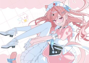 1girl ahoge animal_ears animal_print asymmetrical_legwear blue_bow blue_ribbon bow braid breasts cat_ears cat_girl cat_hair_ornament cat_print cat_tail commentary dress extra_ears fang gloves grin hair_bow hair_ornament hairclip heart heart_print indie_virtual_youtuber knees_up large_breasts long_hair looking_at_viewer maid maid_headdress mismatched_legwear pink_background pink_dress pink_eyes pink_hair pink_tail ribbon shoes short_sleeves single_sock single_thighhigh skin_fang smile socks solo star_(symbol) star_hair_ornament stemiomio tail tail_ornament tail_ribbon thigh_strap thighhighs thighs two_side_up underbust virtual_youtuber white_background white_dress white_gloves white_shoes white_socks white_thighhighs yuuki_sakuna