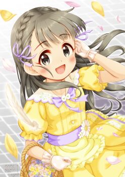 1girl :d apron arm_behind_head arm_up basket black_hair blue_flower blush braid collared_dress commentary_request crown_braid dated dress feathers flower frilled_apron frilled_dress frills fukuyama_mai grey_eyes highres idolmaster idolmaster_cinderella_girls idolmaster_cinderella_girls_starlight_stage long_hair open_mouth petals puffy_short_sleeves puffy_sleeves purple_flower regular_mow short_sleeves smile solo twitter_username very_long_hair waist_apron white_feathers white_flower yellow_apron yellow_dress yellow_flower