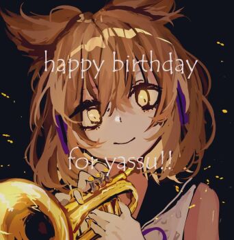 1girl black_background black_sailor_collar brown_eyes brown_hair closed_mouth commentary_request earmuffs happy_birthday holding holding_instrument holding_trumpet instrument looking_at_viewer pointy_hair sailor_collar shinjitsu_no_kuchi shirt short_hair sleeveless sleeveless_shirt smile solo touhou toyosatomimi_no_miko trumpet upper_body white_shirt yellow_eyes