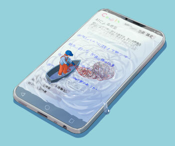 Rule 34 | 1boy, absurdres, avogado6, blue background, blue gloves, blue hat, blue shirt, boat, brand name imitation, cellphone, fishing net, gloves, hat, highres, mini person, miniboy, net, original, overalls, phone, red hair, red overalls, ripples, shirt, simple background, smartphone, solo, standing, symbolism, water, watercraft, wide shot