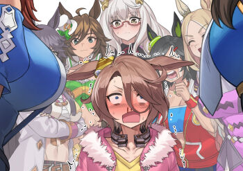 6+girls ^_^ absurdres admire_vega_(starry_nocturne)_(umamusume) admire_vega_(umamusume) ahoge animal_ears bandages behind_another biwa_hayahide_(pf._winning_equation...)_(umamusume) biwa_hayahide_(umamusume) black_hair blonde_hair blood blue_eyes blush breasts brown_hair budget_sarashi chest_sarashi choker closed_eyes closed_mouth coat commentary_request constricted_pupils crying ear_covers ears_down eyebrows_hidden_by_hair fukuro_(maruaru00) fur_collar glasses grey_hair hat height_difference highres horse_ears jacket large_breasts long_hair long_sleeves looking_at_another medium_hair mini_hat mini_top_hat mr._c.b._(clear_bliss)_(umamusume) mr._c.b._(umamusume) multiple_girls narita_brian_(maverick)_(umamusume) narita_brian_(umamusume) narita_taishin_(nevertheless)_(umamusume) narita_taishin_(umamusume) narita_top_road_(the_proud_road)_(umamusume) narita_top_road_(umamusume) navel necktie necktie_overhang nose_blush nosebleed open_clothes open_coat open_jacket open_mouth paid_reward_available sarashi semi-rimless_eyewear shirt single_ear_cover smile stomach strapless streaming_tears super_creek_(murmuring_stream)_(umamusume) super_creek_(umamusume) surrounded sweat tan tears tilted_headwear top_hat trembling tube_top umamusume under-rim_eyewear v-shaped_eyebrows winning_ticket_(get_to_winning!)_(umamusume) winning_ticket_(umamusume) yellow_eyes