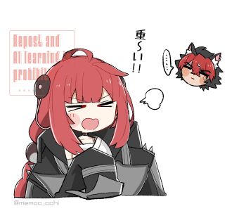 &gt;_&lt; ... 1boy 1girl animal_ear_fluff animal_ear_piercing animal_ears black_hair black_jacket blush braid braided_twintails chibi chibi_only closed_eyes closed_mouth collarbone commentary_request crossed_bangs dog_boy dog_ears hair_between_eyes hair_ornament head_only hearing_aid hetero highres jacket komano_manato long_hair low_twintails memoo_cchi multicolored_hair open_mouth red_hair scar scar_across_eye scar_on_face short_hair simple_background sleeves_past_fingers sleeves_past_wrists sphere_hair_ornament spiked_jacket spoken_ellipsis twintails twitter_username ukinami_yuzuha v-shaped_eyebrows white_background zenless_zone_zero