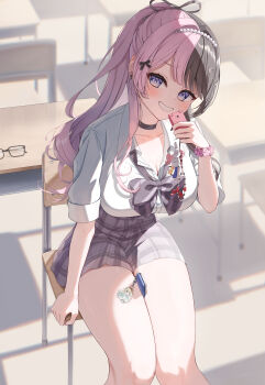 1girl 8000_(pixiv_76944875) absurdres bare_legs black_choker black_nails blue_eyes bow bowtie breasts brown_hair chair choker classroom cleavage collarbone collared_shirt ear_piercing glasses grin hair_ornament hair_ribbon hairband hairclip highres holding holding_phone indoors large_breasts long_hair looking_at_viewer loose_bowtie multicolored_hair phone piercing pink_hair pink_nails pleated_skirt ponytail ribbon school_uniform scrunchie shirt sitting skirt sleeves_rolled_up smile solo table tachibana_hinano tachibana_hinano_(school_uniform) teeth thighs two-tone_hair virtual_youtuber vspo! white_shirt