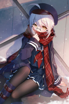 Rule 34 | 1girl, ahoge, artoria pendragon (fate), bison cangshu, black-framed eyewear, black boots, black pantyhose, black sailor collar, black serafuku, black shirt, black skirt, boots, commentary request, fate/grand order, fate (series), glasses, hair between eyes, hands up, highres, long sleeves, looking at viewer, mysterious heroine x alter (fate), neckerchief, outdoors, pantyhose, red neckerchief, red scarf, sailor collar, scarf, school uniform, semi-rimless eyewear, serafuku, shirt, sitting, skirt, solo, winter clothes, yellow eyes