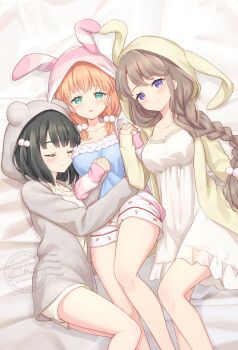 Rule 34 | 3girls, :d, absurdres, animal hood, bare legs, black hair, blue camisole, blush, braid, breasts, brown hair, brown jacket, camisole, carrot print, cleavage, closed eyes, closed mouth, collarbone, commentary, dress, feet out of frame, food print, fujishima megumi, hair ornament, hanazora satsuki, highres, hinoshita kaho, holding hands, holiday holiday (love live!), hood, hood up, hooded jacket, interlocked fingers, jacket, large breasts, link! like! love live!, long braid, long hair, long sleeves, looking at viewer, love live!, low twintails, lying, momose ginko, multiple girls, on back, on bed, open clothes, open jacket, open mouth, orange hair, pink jacket, polyamory, pom pom (clothes), pom pom hair ornament, purple eyes, rabbit hood, short hair, short shorts, short twintails, shorts, single braid, smile, split mouth, striped clothes, striped jacket, symbol-only commentary, twintails, virtual youtuber, watermark, white dress, white shorts, yellow jacket, yuri