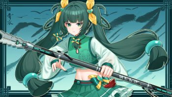1girl absurdres alternate_costume blunt_bangs bow braid breasts chinese_clothes closed_mouth commentary_request cowboy_shot crop_top floating_hair frilled_skirt frills green_bow green_eyes green_hair green_shirt green_skirt hair_bow hair_ornament heart heart_hair_ornament highres holding holding_staff layered_shirt long_hair looking_at_viewer magical_girl midriff navel pleated_skirt qi_xuan qingyi_(zenless_zone_zero) see-through_clothes see-through_sleeves shirt side_braids sidelocks skirt small_breasts solo staff standing three_section_staff twintails yellow_bow zenless_zone_zero