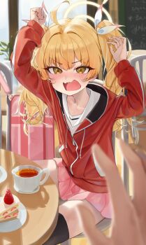 1girl 1other black_thighhighs blonde_hair blue_archive cake chair cup desk food halo jacket red_jacket school_uniform serafuku sitting thighhighs twintails ubeuna yellow_halo yoshimi_(blue_archive)