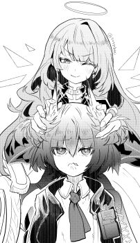 2girls absurdres arknights earrings feather_hair fiammetta_(arknights) greyscale halo highres jewelry lemuen_(arknights) long_hair monochrome multiple_girls necktie one_eye_closed ruffling_hair scowl single_earring smile twitter_username walkie-talkie yuki_ahiru