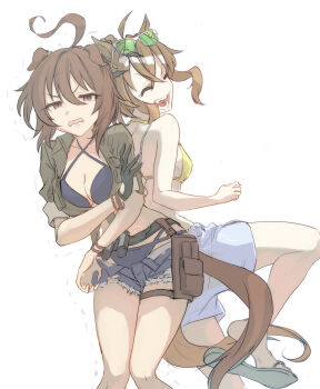 2girls agnes_tachyon_(lunatic_lab)_(umamusume) agnes_tachyon_(umamusume) ahoge animal_ears bare_shoulders bikini bikini_shorts black_bikini breasts brown_hair cleavage closed_eyes collarbone criss-cross_halter eyewear_on_head fangs green-tinted_eyewear green_jacket hair_between_eyes halterneck highres horse_ears horse_girl horse_tail jacket jungle_pocket_(tobasuze_hot_summer!)_(umamusume) jungle_pocket_(umamusume) leather_wrist_straps medium_breasts multiple_girls notched_ear official_alternate_costume official_alternate_hairstyle open_clothes open_fly open_mouth open_shorts ponytail red_eyes sharp_teeth shorts smile sonabaija sunglasses swimsuit tail teeth tied_jacket tinted_eyewear umamusume white-framed_eyewear yellow_bikini