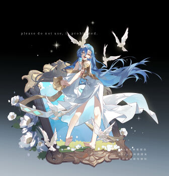 1girl 37_(reverse:1999) ^_^ absurdres ancient_greek_clothes artist_name bare_legs barefoot bird blue_hair closed_eyes facing_viewer faux_figurine floating_hair flower full_body gradient_background greco-roman_clothes grey_background hair_between_eyes highres leaning_forward legs_apart long_hair open_mouth picture_frame reverse:1999 smile solo sparkle standing stretching teeth toga upper_teeth_only very_long_hair white_bird white_flower xiaolin_momo_yu