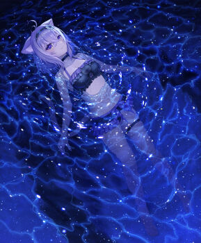 Rule 34 | 1girl, absurdres, ahoge, animal ears, bare shoulders, bikini, bikini skirt, black choker, blush, breasts, cat ears, cat girl, cat tail, choker, cleavage, closed mouth, collarbone, collared shirt, commentary request, frilled bikini, frills, hair between eyes, hair intakes, highres, hololive, looking at viewer, medium breasts, medium hair, navel, nekomata okayu, night, ocean, onigirysenbei, purple bikini, purple eyes, purple hair, shirt, smile, solo, stomach, sweat, swimsuit, tail, thigh strap, virtual youtuber