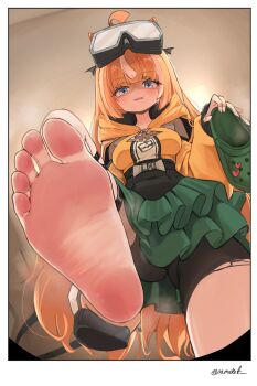 1girl absurdres barefoot blue_eyes blush crocs ddd_dragon feet foot_focus goggles goggles_on_head highres holding holding_shoes holding_unworn_clothes honeyz long_hair looking_at_viewer namukot orange_hair parted_lips pov shaded_face shoes single_shoe smell smile soles steam toes unworn_shoes