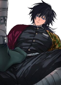 1boy absurdres b_bcollector belt black_hair black_jacket black_pants blue_eyes blush buttons demon_slayer_uniform gold_buttons haori high_collar highres jacket japanese_clothes kimetsu_no_yaiba long_hair low_ponytail male_focus pants parted_lips ponytail red_haori simple_background socks solo_focus spiked_hair sweatdrop teeth tomioka_giyuu white_background white_belt