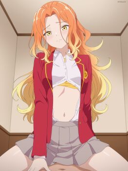 1boy 1girl absurdres blonde_hair brown_skirt cowgirl_position furrowed_brow gradient_hair highres indoors jacket light_frown long_hair long_sleeves looking_at_viewer mikadono_niko mikadono_sanshimai_wa_angai_choroi multicolored_hair navel orange_hair paid_reward_available partially_unbuttoned pleated_skirt pov red_jacket rikka_(rikkaarts) shirt skirt straddling white_shirt yellow_eyes