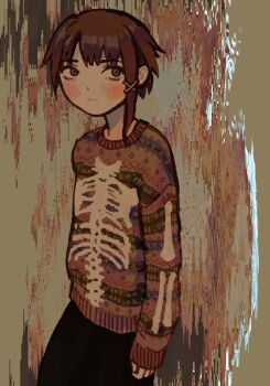 1girl asymmetrical_bangs blush brown_eyes brown_hair commentary english_commentary hair_ornament hairclip io_(onisarashi) iwakura_lain long_sleeves looking_to_the_side serial_experiments_lain skeleton_print sleeves_past_wrists solo sweater x_hair_ornament
