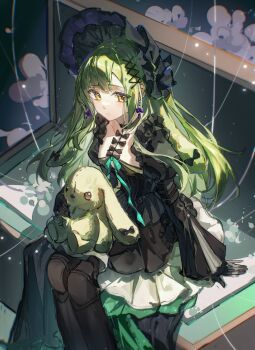 1girl animal_ears arknights bang_dream! bang_dream!_it&#039;s_mygo!!!!! black_bonnet black_choker black_dress black_gloves black_pantyhose bonnet bow box choker closed_mouth doll_joints dress ear_bow expressionless feet_out_of_frame floppy_ears gloves gothic_lolita green_hair green_ribbon hair_ornament highres holding holding_stuffed_toy in_box in_container joints lolita_fashion long_hair long_sleeves looking_at_viewer lu_yan_yan pantyhose puppet_strings rabbit_ears rabbit_girl ribbon sidelocks sitting solo stuffed_animal stuffed_rabbit stuffed_toy wakaba_mutsumi wakaba_mutsumi_(marionette&#039;s_id) x_hair_ornament yellow_eyes