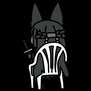 1girl animal_ears animated animated_gif black_hair braid chair chibi chibi_only commentary devil_may_cry_(series) fox_ears fox_girl from_behind half_up_braid holding holding_sword holding_weapon hoshimi_miyabi long_hair lowres meme monobloc_(chair) on_chair seseren simple_background sitting solo sword vergil&#039;s_chair_(meme) weapon white_background zenless_zone_zero