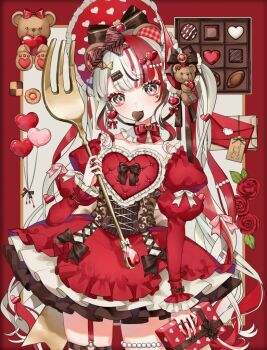 1girl animal_ears balloon bear_ears bell_sleeves bonnet bow bow_ring box box_of_chocolates brown_bow brown_corset brown_ribbon candy center-flap_bangs checkerboard_cookie chocolate chocolate_bar chocolate_hair_ornament chocolate_heart collarbone commentary cookie corset cowboy_shot detached_collar dress earrings english_commentary facial_mark fake_animal_ears flower food food-themed_hair_ornament food_in_mouth fork frilled_bonnet frilled_dress frilled_sleeves frills garter_straps gift green_eyes hair_bow hair_ornament hand_up happy_valentine head_tilt heart heart-shaped_food heart_balloon heart_earrings heart_facial_mark heart_hair_ornament heart_in_eye heart_o-ring holding holding_fork holding_gift jewelry juliet_sleeves layered_dress letter long_hair long_sleeves looking_at_viewer love_letter mouth_hold multicolored_hair o-ring o-ring_thigh_strap original oversized_object pink_bow puffy_sleeves red_bow red_dress red_flower red_hair red_rose red_theme ribbon ring rose saika_usagi short_dress single_garter_strap solo standing striped_bow stuffed_animal stuffed_toy symbol_in_eye teddy_bear thigh_strap thumbprint_cookie twintails two-tone_hair valentine very_long_hair white_bow white_hair