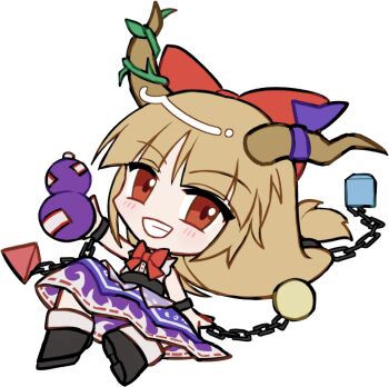 1girl black_shoes blonde_hair blunt_bangs blush bow bowtie brown_horns chain chibi chibi_only cube frilled_wrist_cuffs frills full_body grin hair_bow horn_ornament horn_ribbon horns ibuki_suika long_hair looking_at_viewer mirei_(miirei) purple_bow purple_ribbon purple_skirt red_bow red_bowtie red_eyes ribbon shirt shoes simple_background sitting skirt sleeveless sleeveless_shirt smile solo touhou transparent_background white_shirt wrist_cuffs