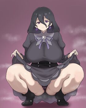 1girl absurdres alternate_breast_size_(larger) bare_legs black_boots black_hair black_panties boots breasts clothes_lift commentary_request dress dress_lift earrings full_body gradient_background grey_dress hair_between_eyes hands_up hex_maniac_(pokemon) hex_maniac_(pokemon_legends:_z-a) highres huge_breasts jewelry juliet_sleeves lifting_own_clothes long_bangs long_hair long_sleeves looking_at_viewer neck_ribbon nintendo panties parted_lips peace_peace009 pokemon pokemon_legends:_z-a puffy_sleeves purple_background purple_eyes purple_ribbon raised_eyebrows ribbon solo spread_legs squatting steaming_body thighs tiptoes underbust underwear
