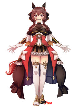 1girl absurdres animal_ears asymmetrical_footwear bare_shoulders black_dress blush braid braided_hair_rings breasts brown_hair cleavage collarbone commentary_request corset detached_sleeves dress ear_covers ear_ornament full_body gentildonna_(regina_dei_fiori)_(umamusume) gentildonna_(umamusume) gloves hair_between_eyes hair_ornament hair_rings heart-shaped_ornament heart_ear_ornament highres horse_ears horse_girl konsu_(konsu1182da) large_breasts long_hair looking_at_viewer mismatched_footwear parted_lips red_corset red_eyes see-through_cleavage see-through_clothes simple_background smile solo thighhighs thighs umamusume white_background white_gloves white_thighhighs
