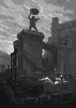 1other arms_up artist_name bridge castle commentary_request elden_ring fire giant grey_background greyscale highres monochrome outdoors solo tripdancer