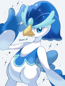 artist_name blue_eyes blue_hair colored_skin commentary_request iwasi_29 nintendo pokemon pokemon_(creature) quaxwell simple_background sparkle standing tail twitter_username white_background white_skin