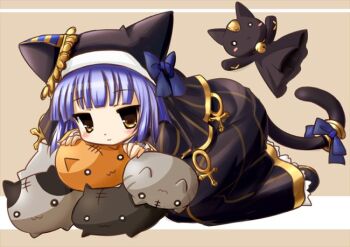 Rule 34 | 1girl, akino sakura, animal ear headwear, ankh, bastet lore, black dress, black hat, blue hair, blue ribbon, cat day, cat tail, dress, emil chronicle online, fake animal ears, hat, hat ribbon, holding, holding stuffed toy, nun, ribbon, solo, striped clothes, striped dress, stuffed animal, stuffed cat, stuffed toy, tail, tail ornament, tail ribbon, yellow eyes