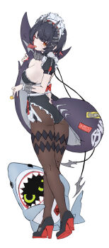 1girl absurdres ass black_hair black_pantyhose breasts cleavage colored_inner_hair doodles ellen_joe fins fish_tail from_side full_body hair_between_eyes highres large_breasts looking_at_viewer looking_to_the_side maid_headdress mole mole_under_eye multicolored_hair one_eye_closed pantyhose shark_girl shark_tail sideboob sidelocks simple_background solo standing tail tongue tongue_out two-tone_hair white_background xfate zenless_zone_zero
