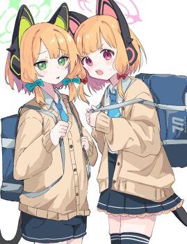 2girls animal_ear_headphones animal_ears backpack bag black_shorts black_skirt black_tail blonde_hair blue_archive blue_bag blue_necktie blunt_bangs blush bow brown_cardigan buttons cardigan cat_ear_headphones cat_ears cat_tail collared_shirt commentary cowboy_shot fake_animal_ears fake_tail frilled_skirt frills green_bow green_eyes green_halo hair_bow halo headphones long_sleeves looking_at_viewer low-tied_sidelocks midori_(blue_archive) millennium_science_school_logo momoi_(blue_archive) multiple_girls necktie open_cardigan open_clothes open_mouth parted_bangs parted_lips pink_eyes pink_halo pleated_skirt puffy_long_sleeves puffy_sleeves red_bow school_uniform shirt short_hair shorts siblings sidelocks simple_background sisters skirt standing strap_pull sweatdrop tail teeth twins upper_teeth_only v-shaped_eyebrows white_background white_shirt wing_collar youbi_(0ver_sd)