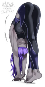 Rule 34 | 1girl, abs, absurdres, ass, assassin (fate/zero), barefoot, breasts, closed eyes, colored skin, dated, fate/grand order, fate/zero, fate (series), female assassin (fate/zero), flexible, forward fold, full body, grey skin, highres, leaning forward, medium breasts, muscular, muscular female, purple hair, shin (ultramarine430), solo, standing, stretching, white background