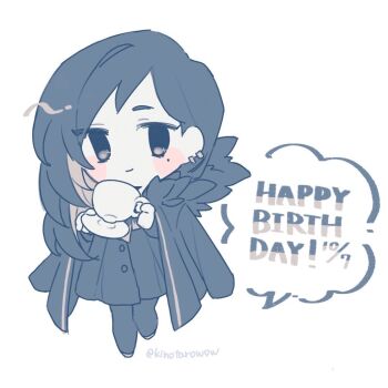 1girl binah_(project_moon) black_coat black_dress black_eyes black_hair blonde_hair chibi closed_mouth coat coat_on_shoulders colored_inner_hair commentary cup dress ear_piercing happy_birthday holding holding_cup holding_saucer kinotarowow library_of_ruina mole mole_under_eye multicolored_hair piercing project_moon saucer smile solo
