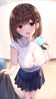 1girl :d armpit_crease blue_skirt bra bra_peek breasts brown_hair button_gap buttons cellphone childhood_friend-chan_(ramchi) hair_ornament highres holding holding_phone large_breasts looking_at_viewer medium_hair open_mouth original panties panty_peek partially_unzipped phone pink_panties pleated_skirt pulling_another&#039;s_clothes purple_eyes ramchi shirt shirt_tug short_sleeves skirt smartphone smile standing straight_hair swept_bangs underwear white_shirt x_hair_ornament zipper_skirt