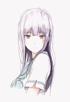 1girl absurdres aqua_neckerchief bbmasa blue_sailor_collar closed_mouth commentary_request cropped_torso expressionless gradient_background grey_background hibike!_euphonium highres kitauji_high_school_uniform liz_to_aoi_tori long_hair looking_at_viewer neckerchief purple_hair red_eyes sailor_collar school_uniform shirt short_sleeves solo summer_uniform traditional_media white_shirt yoroizuka_mizore